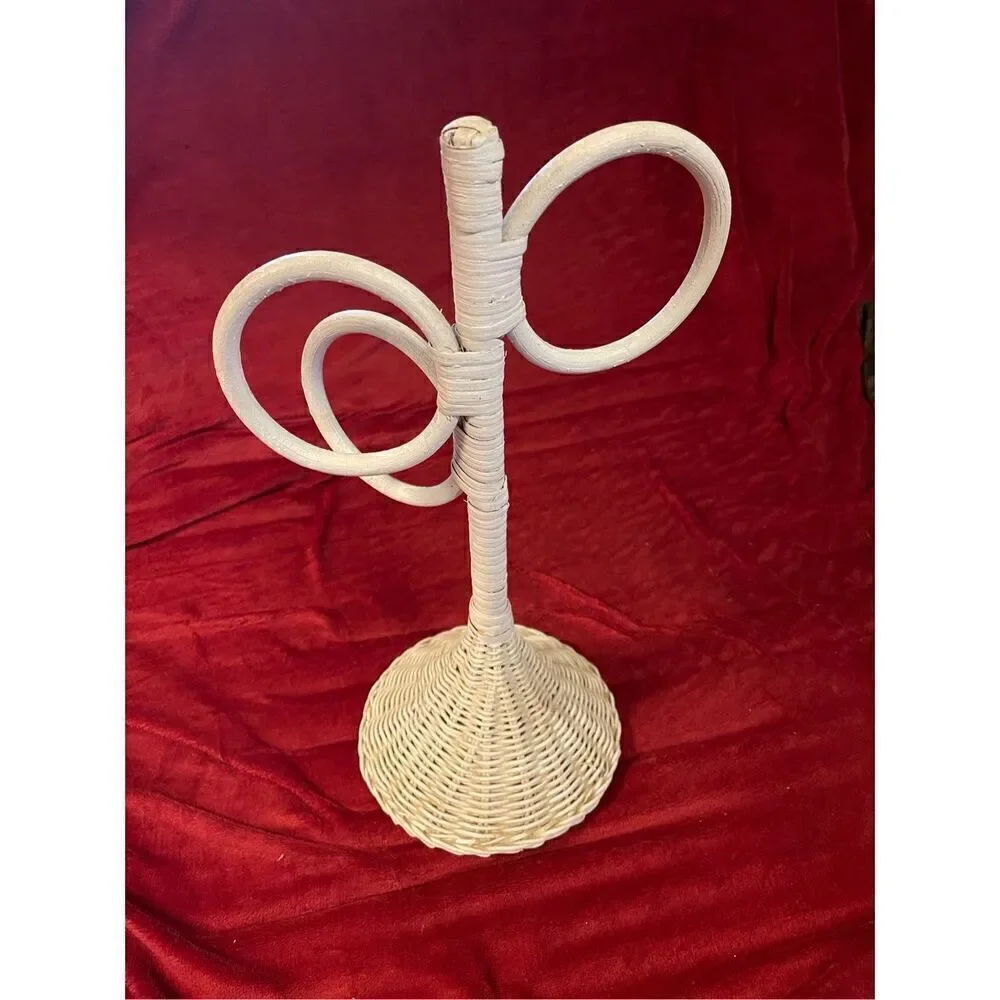 Vintage White Wicker Rattan 3 Towel Stand Holder